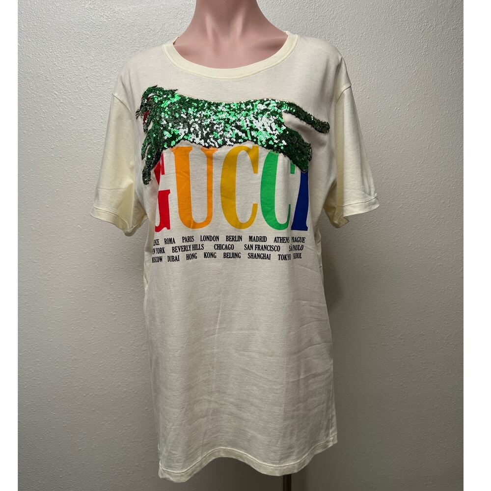 Gucci Sequin Cat Rainbow Logo T-Shirt Cream Unisex US M